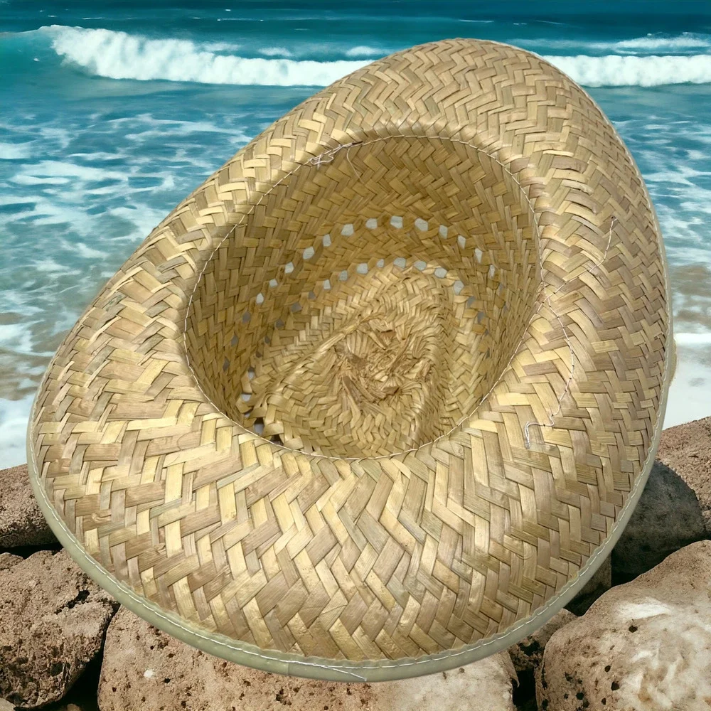 Vintage Cowboy Western Style Straw Raffia Hat Black Cord Twill Vents Costume O/S
